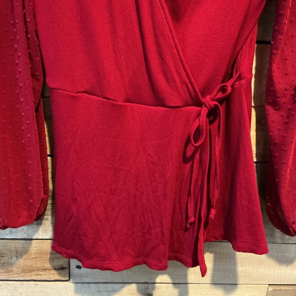 Maurice’s‎ M Red Wrap Blouse Sheer Swiss Dot Sleeves Romantic Holiday Coquette - Picture 4 of 11